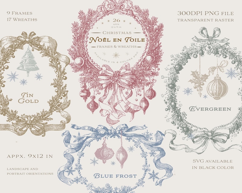 Christmas toile clipart set featuring vintage-inspired frames and wreaths in Tin Gold, Evergreen, Blue Frost, and classic red. Includes 26 designs (9 frames, 17 wreaths) in high-resolution 300 DPI PNG with transparent background and SVG files. Perfect for DIY Christmas cards, invitations, holiday scrapbooking, gift tags, printable wall art, and POD crafts. Elegant French vintage Noël en Toile style for holiday design projects.