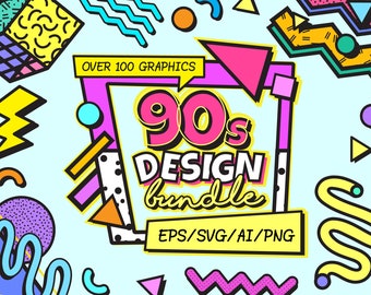 90s Design Bundle SVG Ai EPS PNG, Memphis Graphics, Nineties Nostalgia, Retro, 90s Pattern, 90s vector elements, retro clipart, 90s vector