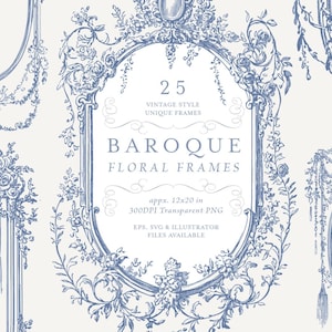Puede incluir: Un conjunto de 25 marcos florales barrocos de estilo vintage en azul. Los marcos miden aproximadamente 30,5 cm por 50,8 cm y están disponibles en formatos PNG, EPS, SVG e Illustrator.