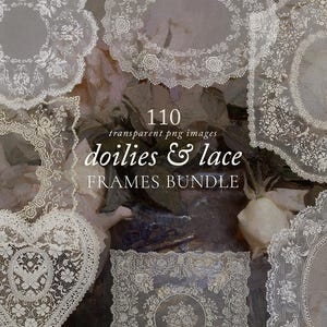 May include: A collection of white lace doilies and frames in various shapes, including round, oval, and heart. The image includes the text "110 transparent png images doilies & lace FRAMES BUNDLE". The doilies feature intricate floral and decorative patterns.