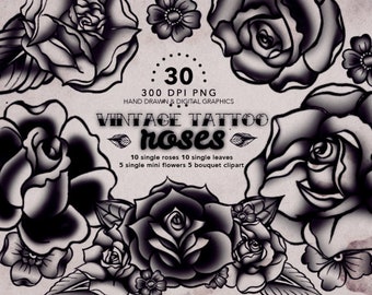Vintage Tattoo Roses Black and White clipart, Floral tattoos clipart, Roses handpainted ink, watercolor roses flowers coloring clipart