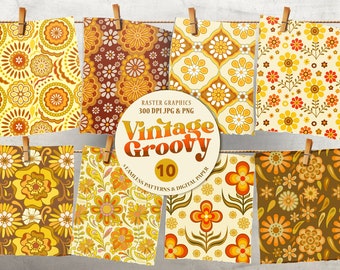 Vintage Groovy Floral Patterns Digital Paper, 70s Retro Floral Pattern, 70s Digital Paper, Floral seamless pattern, Groovy Flowers collage