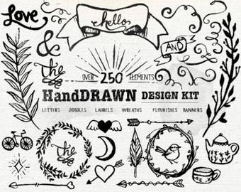 Handritat rustikt kritkonstdesignkit: Bläckstämplar, klotter (PNG)