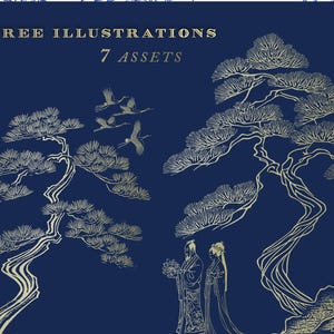 May include: A digital illustration of two stylized trees with gold outlines on a dark blue background. The trees are in a traditional Japanese style. The text "TREE ILLUSTRATIONS 7 ASSETS" is at the top of the image.
