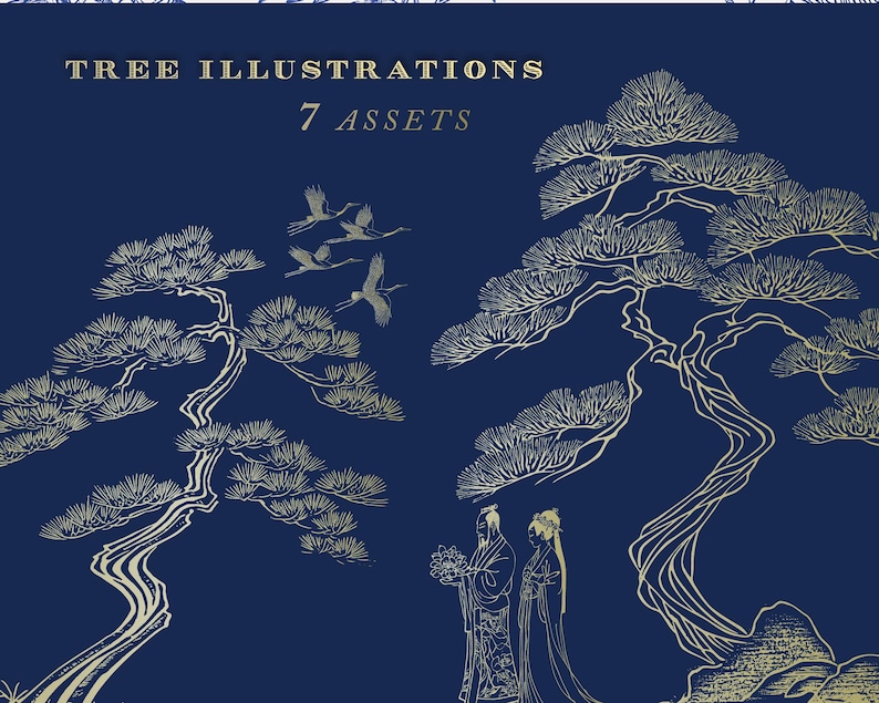 May include: A digital illustration of two stylized trees with gold outlines on a dark blue background. The trees are in a traditional Japanese style. The text "TREE ILLUSTRATIONS 7 ASSETS" is at the top of the image.