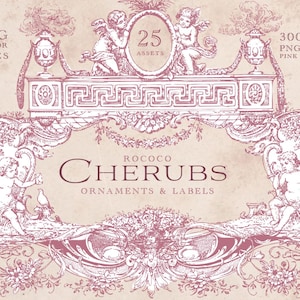 Puede incluir: Gráfico digital de estilo vintage con una paleta de colores rosa y beige. El diseño presenta querubines, marcos ornamentados y elementos florales. El texto incluye "SVG Vector Files", "25 Assets", "300 DPI PNG Files Pink & Black" y "Rococo Cherubs Ornaments & Labels."