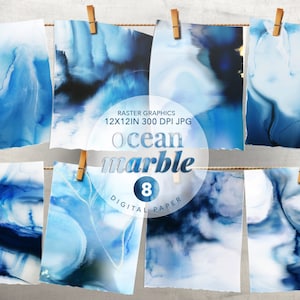 May include: Eight digital paper backgrounds featuring blue and white ocean marble patterns. Raster graphics, 12x12in, 300 DPI JPG.
