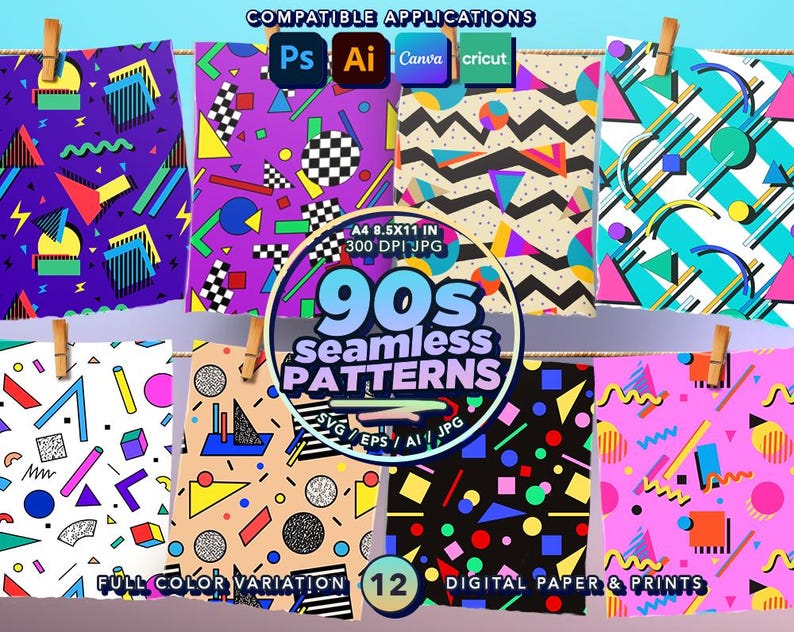 May include: A set of 12 digital paper patterns in a 90s style. The patterns feature geometric shapes, bright colors, and a retro aesthetic. The patterns are compatible with Adobe Photoshop, Illustrator, Canva, and Cricut.