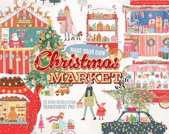 Clipart de mercado navideño, paquete navideño retro PNG, diseños de decoración navideña vintage, descarga digital