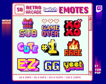 Emotes Twitch avec texte rétro, lot d'emotes Twitch et Discord, emote Simp, emote toxique, emote GG, emote Rekt, emote Raid, emote Interdiction, emote Hype