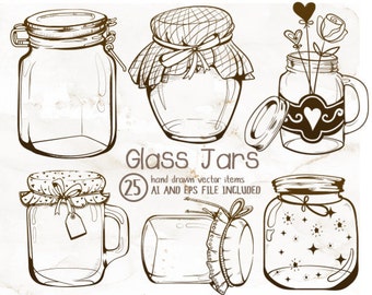 Glass Jars clipart, Mason Jars clipart, Vintage clipart, Jar crafts, Vintage Jars, Jar String Lights clipart, Illustrator EPS Ai file, Stamp