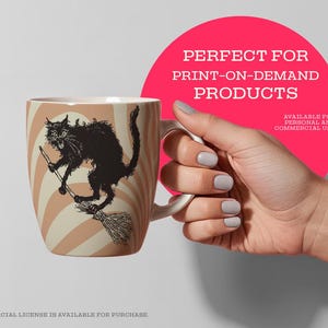 Witch cat on a broom mug cup design featuring vintage victorian witchy mystical artwork. Designs include a black cat illustration, potion bottles, felines, cauldron, raven, bats, and ornate typography, perfect for Halloween or gothic aesthetics. Available as digital download for print-on-demand projects, merch, and merchandise creation. Ideal for handmade products, kitchen products, planners, journals, and print design to craft invitations, flyers, posters, or witchy inspired event stationery.