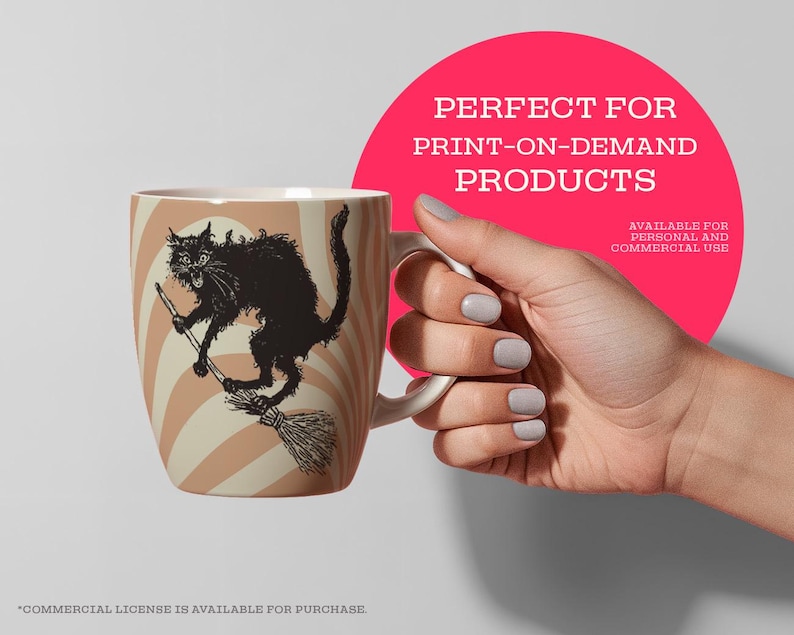 Witch cat on a broom mug cup design featuring vintage victorian witchy mystical artwork. Designs include a black cat illustration, potion bottles, felines, cauldron, raven, bats, and ornate typography, perfect for Halloween or gothic aesthetics. Available as digital download for print-on-demand projects, merch, and merchandise creation. Ideal for handmade products, kitchen products, planners, journals, and print design to craft invitations, flyers, posters, or witchy inspired event stationery.