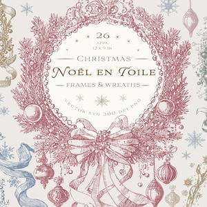 Vintage French toile inspired Christmas frames and wreaths clipart set – Noël en Toile collection. Elegant hand-drawn holiday vector illustrations with bows, ornaments, pine wreaths, and snowflakes. Perfect for DIY Christmas cards, festive invitations, scrapbook projects, gift tags, printable wall art, and holiday crafts. Includes 26 high-resolution SVG and PNG designs, ideal for Etsy crafters, printables, and POD artwork.