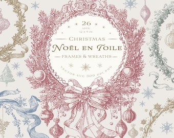 Coronas y etiquetas navideñas PNG, diseños de tarjetas navideñas retro SVG, adornos vintage imprimibles para descargar digitalmente