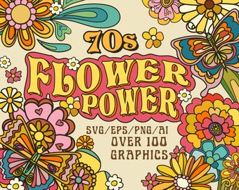 70s Retro Flower Power Design Bundle SVG Ai EPS PNG, groovy retro art, boho floral graphics, 70s retro pattern, hippie designs, 70s vectors