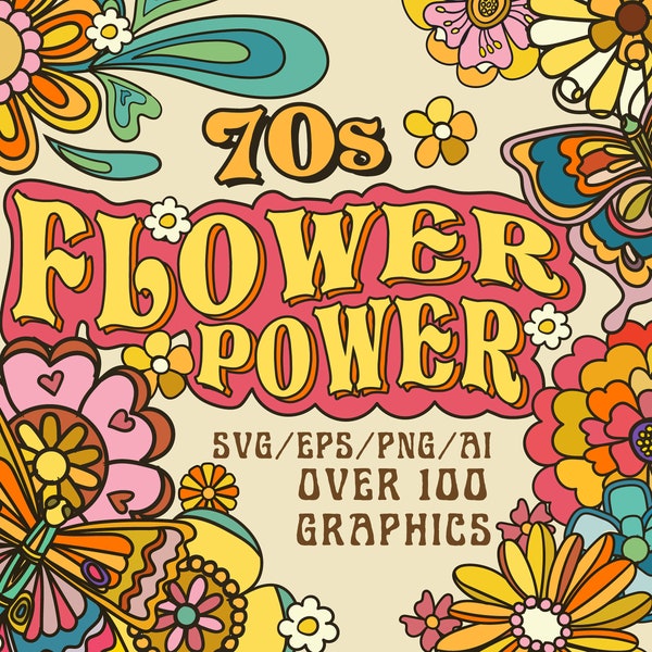 70s Retro Flower Power Design Bundle SVG Ai EPS PNG, groovy retro art, boho floral graphics, 70s retro pattern, hippie designs, 70s vectors