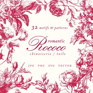 May include: Digital design in a romantic Rococo style, with red floral and cherub illustrations. Text includes "32 motifs & patterns" and "Romantic Rococo chinoiserie / toile", plus file type options: JPG, PNG, SVG, VECTOR.