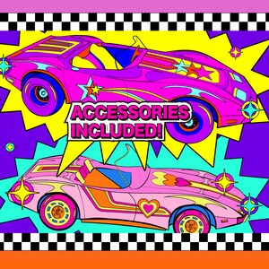 May include: Two pink toy cars with colorful details and black and white checkered racing flags. The text "ACCESSORIES INCLUDED!" is in a speech bubble.