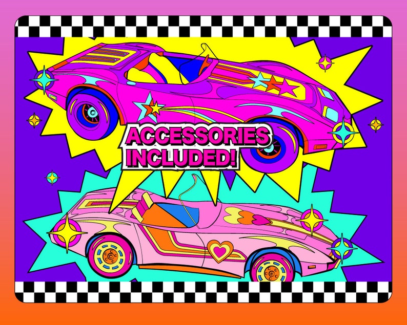 May include: Two pink toy cars with colorful details and black and white checkered racing flags. The text "ACCESSORIES INCLUDED!" is in a speech bubble.