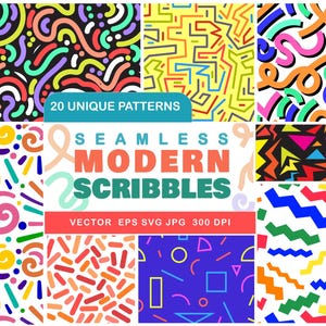 Op de afbeelding: Een verzameling van 20 unieke, naadloze, moderne krabbelpatronen in verschillende heldere kleuren. De patronen bevatten abstracte vormen, lijnen en geometrische ontwerpen. De tekst "SEAMLESS MODERN SCRIBBLES" is ook aanwezig.