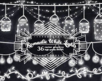 Romantic White String Lights clipart, Light banners, Mason Jars clipart, Vintage bulb lights, Wedding fairy lights, Star twinkle lights art