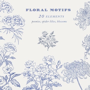 May include: A collection of 20 blue floral motifs, including peonies, spider lilies, and blossoms. The illustrations are drawn in a delicate, vintage style.