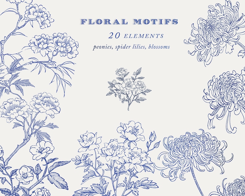 May include: A collection of 20 blue floral motifs, including peonies, spider lilies, and blossoms. The illustrations are drawn in a delicate, vintage style.