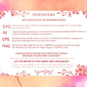 May include: A pink and white floral design with the text "REMINDERS" and "INFORMATION ON DESIGN FILES". The text lists the different file types available for purchase, including SVG, AI, EPS, and PNG. The text also includes information about the file types, such as the resolution and how they can be used.