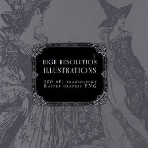 Victorian Witch illustration bundle preview featuring 26 vintage motifs and magical elements in detailed engraving style. Includes black cats, witches flying on broomsticks, potion bottles, crescent moon, mystical sun lunar face, spellbook, dagger, and celestial designs. Perfect for Halloween, witchcraft, gothic art, and Victorian era inspired projects. High resolution 300 DPI PNG and scalable vector SVG EPS files for digital and print use, ideal for stickers, posters, apparel, and invitations.
