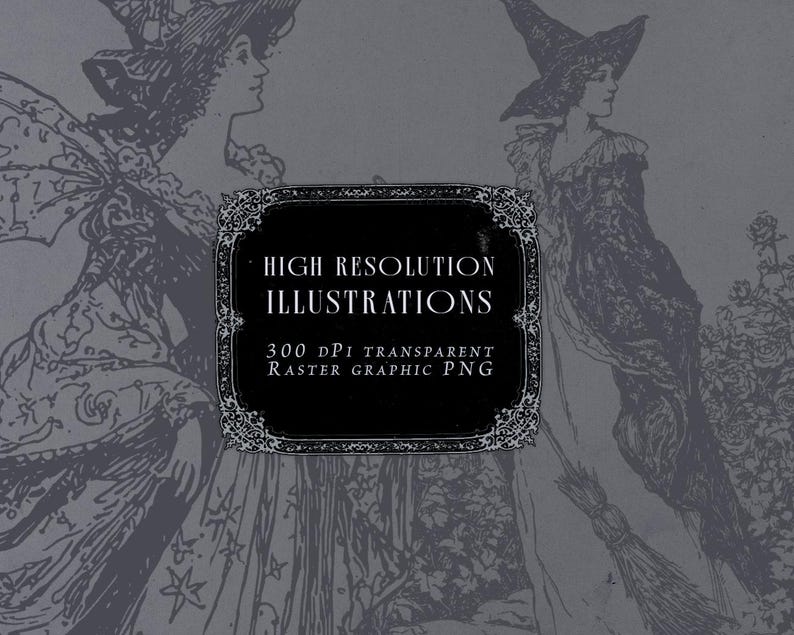 Victorian Witch illustration bundle preview featuring 26 vintage motifs and magical elements in detailed engraving style. Includes black cats, witches flying on broomsticks, potion bottles, crescent moon, mystical sun lunar face, spellbook, dagger, and celestial designs. Perfect for Halloween, witchcraft, gothic art, and Victorian era inspired projects. High resolution 300 DPI PNG and scalable vector SVG EPS files for digital and print use, ideal for stickers, posters, apparel, and invitations.