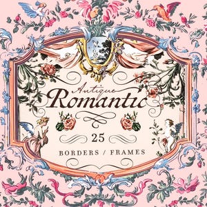 Puede incluir: Un conjunto de 25 bordes y marcos románticos antiguos. La imagen presenta un fondo rosa con diseños florales, querubines y un marco decorativo con el texto "Antique Romantic" y "25 Borders / Frames".