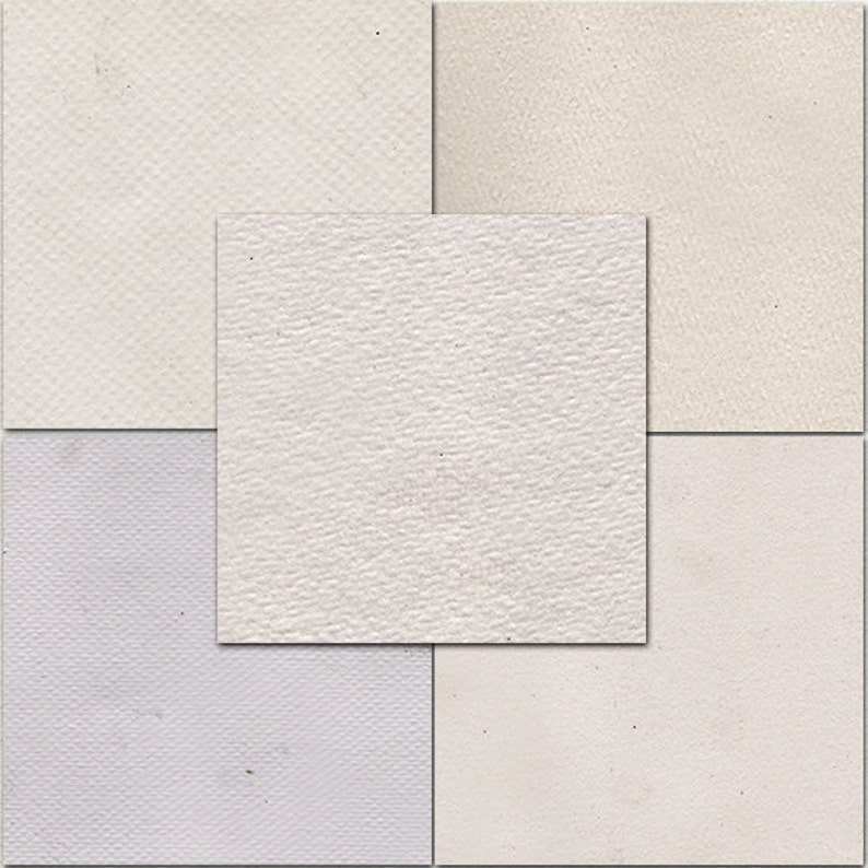 K&ouml;nnte beinhalten: Eine Collage aus f&uuml;nf verschiedenen wei&szlig;en strukturierten Papiermustern. Jedes Muster hat eine einzigartige Textur und subtile Farbabweichungen.
