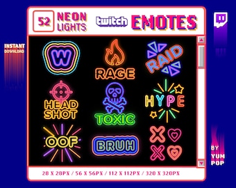 Neon Text Twitch Emotes, Twitch and Discord Emotes Bundle, Lurk emote, Omg emote, GG emote, Lol emote, Raid emote, Ban emote, Hype emote