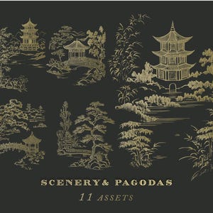 May include: A set of 11 gold-colored illustrations of pagodas and scenery. The illustrations are in a traditional Japanese style and feature pagodas, trees, and water.