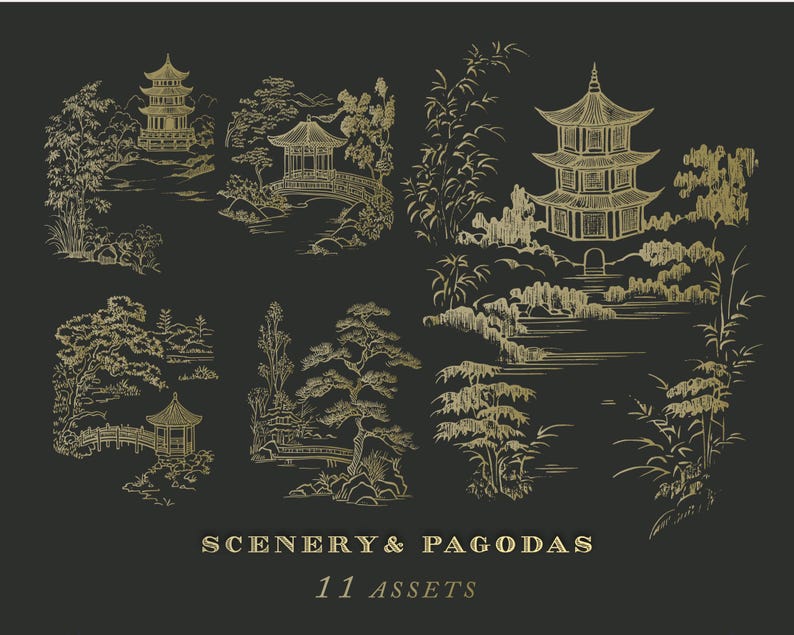 May include: A set of 11 gold-colored illustrations of pagodas and scenery. The illustrations are in a traditional Japanese style and feature pagodas, trees, and water.