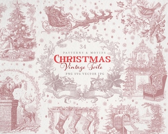 Patrones de Toile de Jouy navideños, imágenes prediseñadas vintage de Papá Noel, diseños de tarjetas navideñas, papel de regalo imprimible
