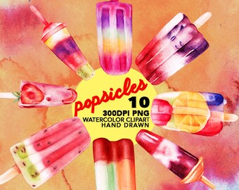Popsicles Watercolor clipart, Ice Cream clipart, Watercolor illustrations, Food desserts clipart, colorful cute clipart, summer hand drawn