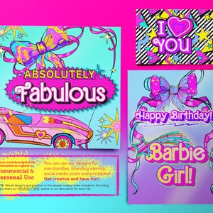 May include: A set of three printable cards with a retro 1980s theme. The cards feature a pink car, a pink bow, and a pink heart with the text "I love you". The cards also feature the text "Absolutely Fabulous", "Happy Birthday!" and "Barbie Girl!"