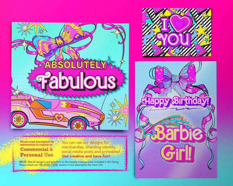 May include: A set of three printable cards with a retro 1980s theme. The cards feature a pink car, a pink bow, and a pink heart with the text "I love you". The cards also feature the text "Absolutely Fabulous", "Happy Birthday!" and "Barbie Girl!"