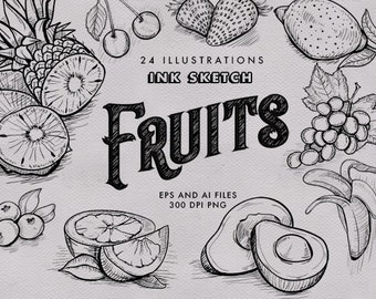 Ink Sketch Fruits Clipart | handdrawn EPS AI files food illustration watercolor vintage drawing pineapple lemon vector avocado stock pattern