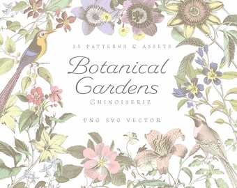 May include: A vintage botanical illustration featuring a variety of flowers, birds, and leaves. The image is in a chinoiserie style and includes the text "Botanical Gardens Chinoiserie PNG SVG Vector".