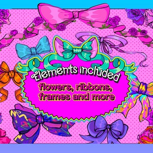May include: A digital illustration of various colorful bows, ribbons, and flowers on a pink background with white polka dots. The text "Elements included: flowers, ribbons, frames and more" is in a white speech bubble.