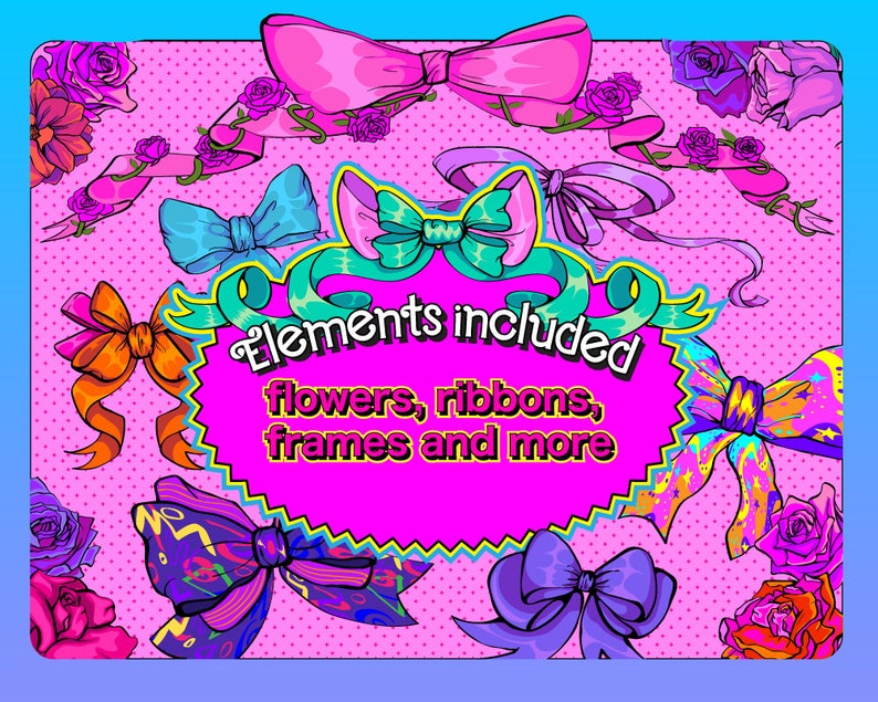May include: A digital illustration of various colorful bows, ribbons, and flowers on a pink background with white polka dots. The text "Elements included: flowers, ribbons, frames and more" is in a white speech bubble.