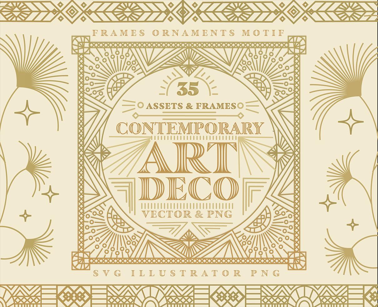 Paquete de diseño Art Déco SVG PNG para Cricut – Marcos, etiquetas, insignias, bordes lineales dorados, patrones geométricos, kit de branding