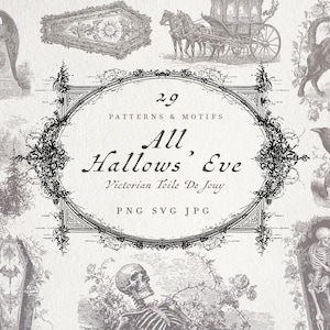 May include: A collection of vintage-style illustrations with a Halloween theme. The images include a horse-drawn carriage, a black cat, a raven on a skull, coffins, a skeleton, and an angel statue. The central text reads "All Hallows' Eve".