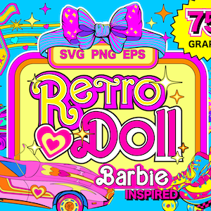 May include: Retro Doll Barbie Inspired SVG, PNG, and EPS digital graphics.  75+ graphics in a retro style with a pink, yellow, and blue color scheme.  The graphics include a car, roller skates, and a heart.