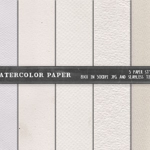 K&ouml;nnte beinhalten: F&uuml;nf verschiedene Stile von Aquarellpapiertexturen. Jede Textur wird in einem 8x11 Zoll gro&szlig;en JPG mit 500 DPI und als nahtlose Kachel angezeigt.