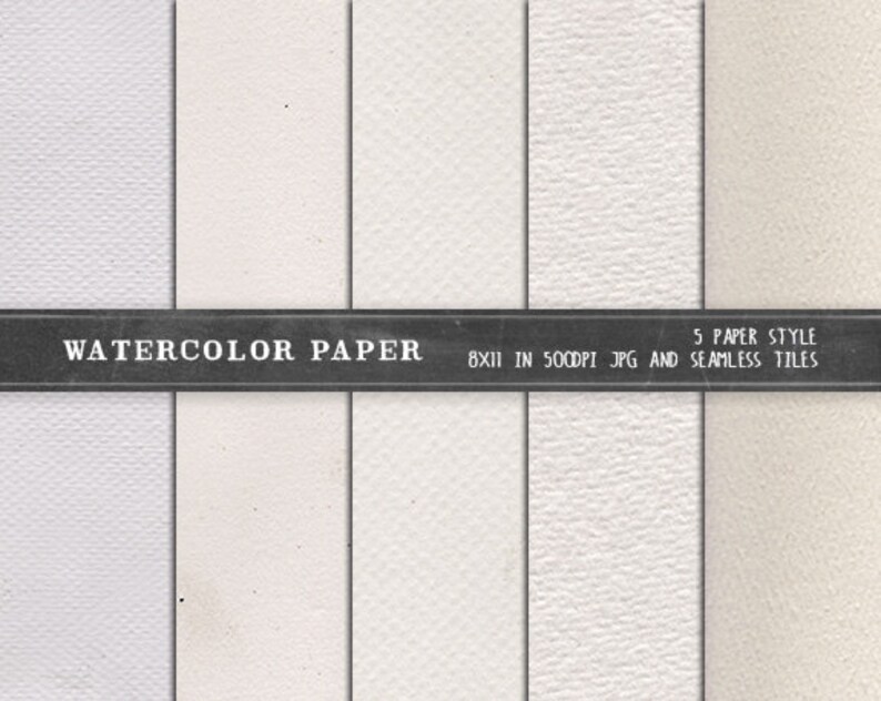 K&ouml;nnte beinhalten: F&uuml;nf verschiedene Stile von Aquarellpapiertexturen. Jede Textur wird in einem 8x11 Zoll gro&szlig;en JPG mit 500 DPI und als nahtlose Kachel angezeigt.