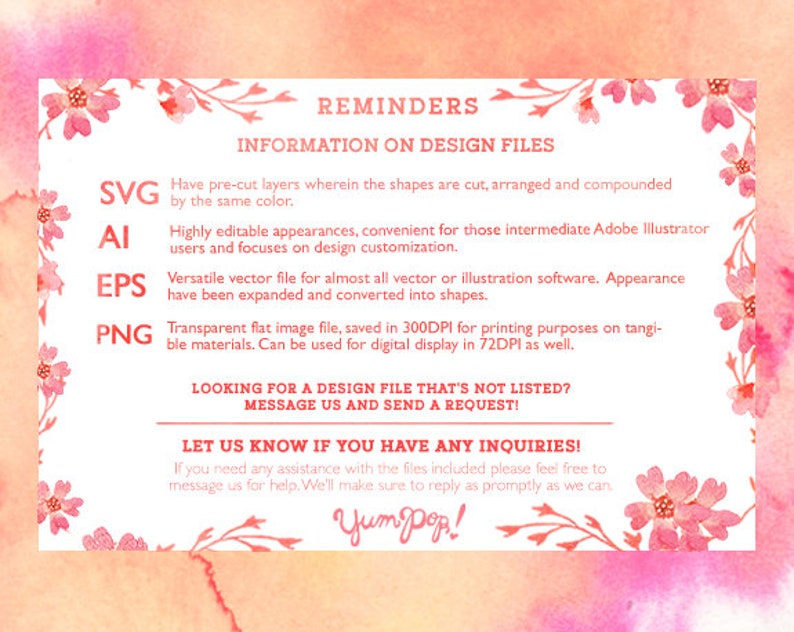 May include: A pink and white graphic with a floral border and text that reads "REMINDERS INFORMATION ON DESIGN FILES" with descriptions of different file types: SVG, AI, EPS, and PNG. The text also includes information about the resolution of the files and how to contact the seller for assistance.